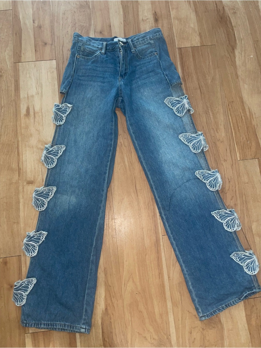 Forever 21 Blue Denim Flare Jeans with White Butterfly Appliqués